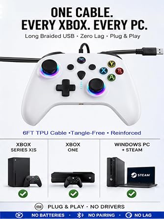 Enstixsm Wired Controller for Xbox,Turbo Macro,RGB Light,Gaming,White