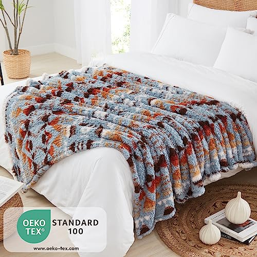 CASAAGUSTO Boho Sherpa Blanket,Teal Aztec Twin Blanket, Ultra Soft, Warm, Cozy, Plush, Thick Fleece Western Blanket for Couch, Bed, Sofa (Blue Grey 60 * 80 Inch)