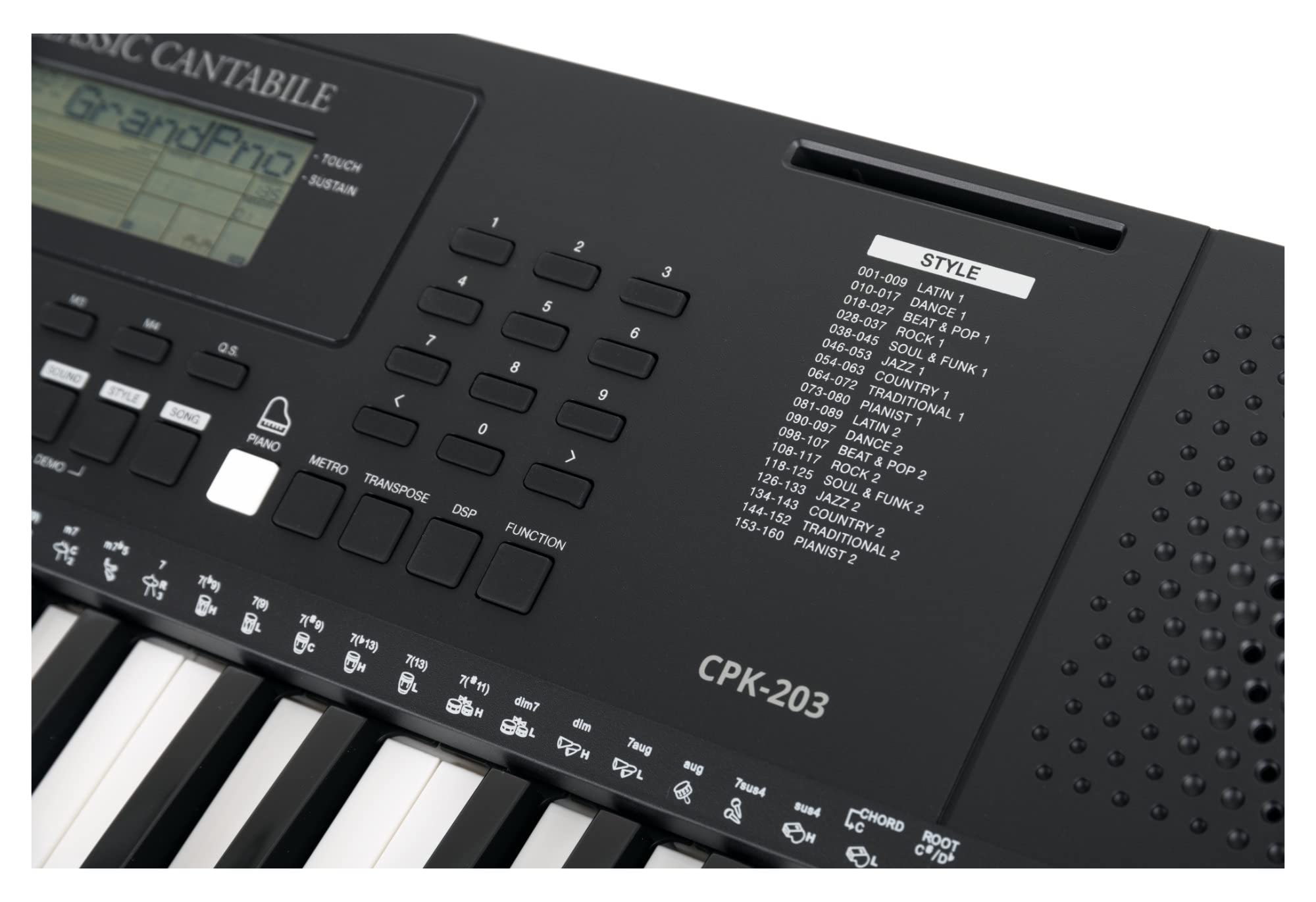 Classic Cantabile CPK-203 Keyboard, Polifonía de 64 notas, Voces: 480 | 61 teclas con respuesta táctil (3 niveles), Estilos: 160, Demos: 140, Canciones: 140, Tempo: 5-280 bpm, Función layer y split