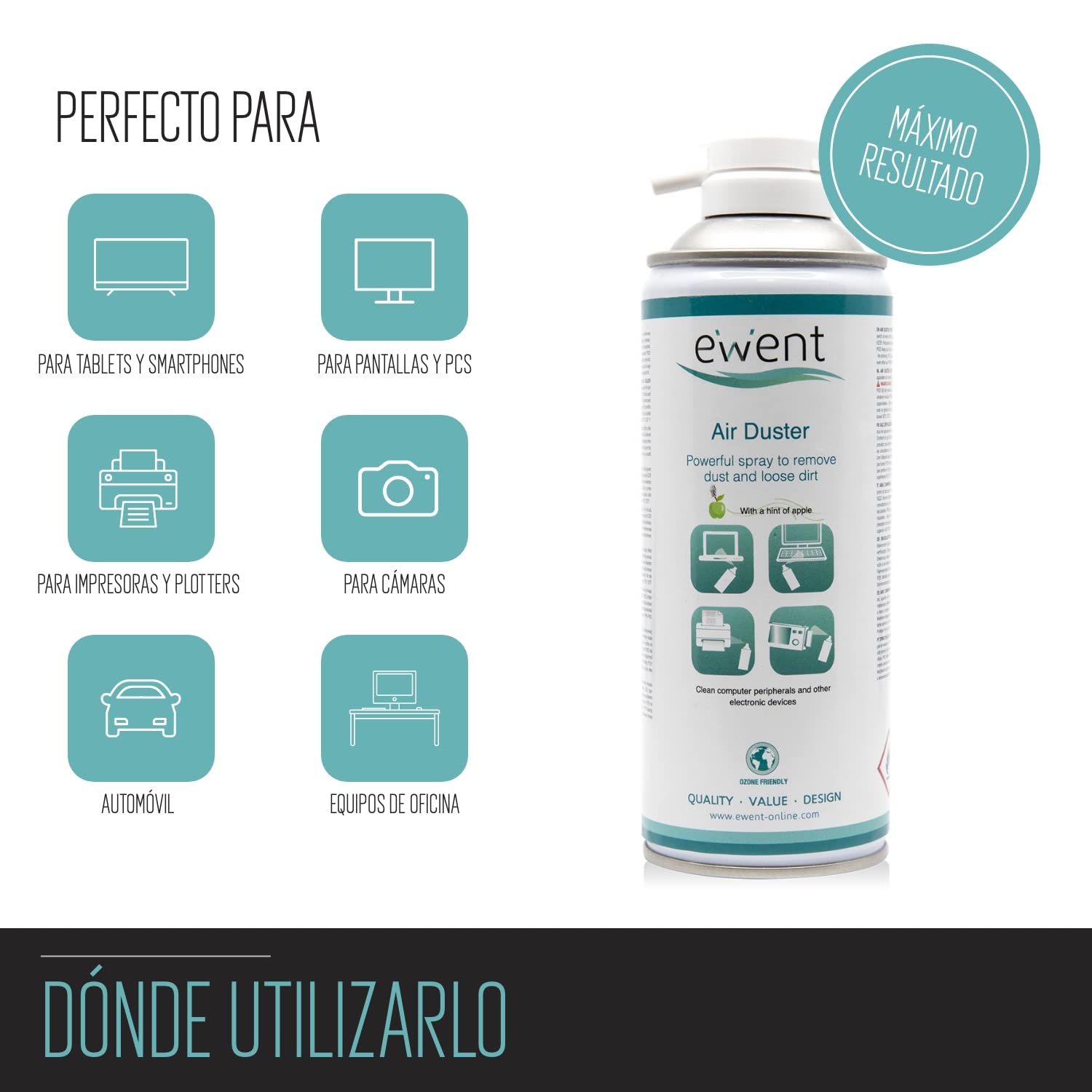 Ewent Lata de aire comprimido, aroma a manzana, 400ml limpieza de accesorios de PC teclados impresoras, televisores, cámaras y otros, spray de contacto tubo de extensión, el embalaje puede variar