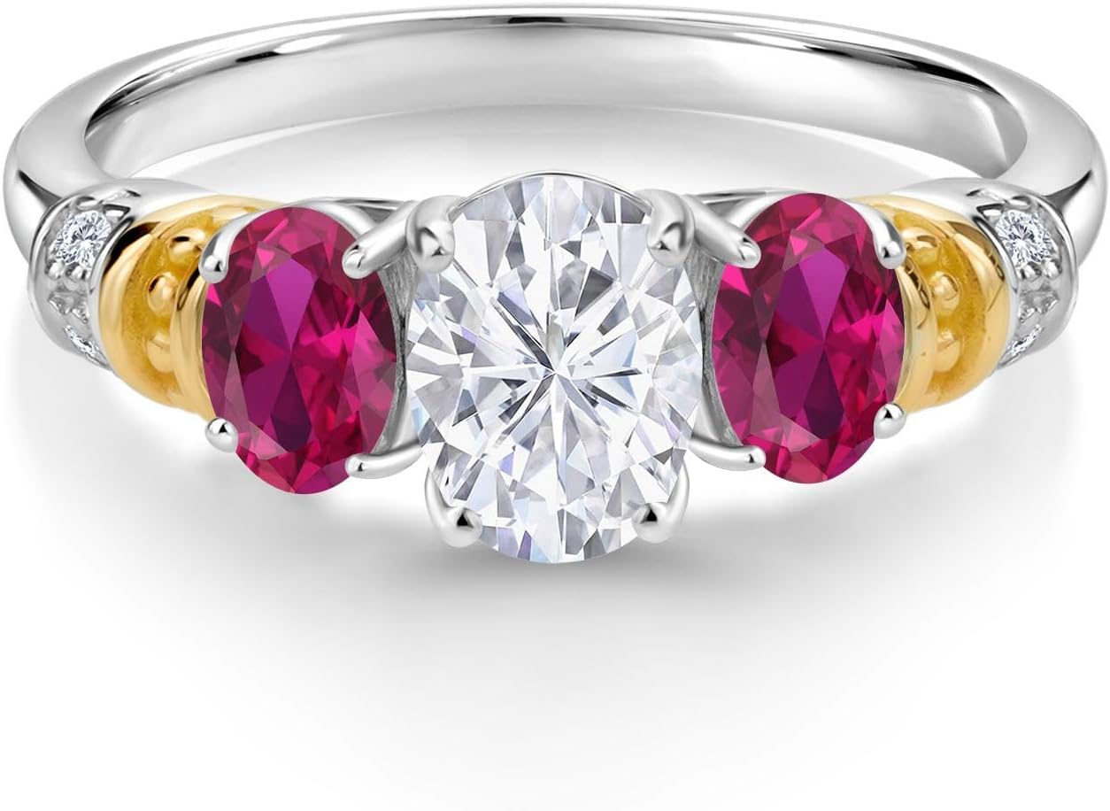 Gem Stone King 2.53 Cttw 925 Sterling Silver and 10K Yellow Gold IGI Certified Lab Grown Diamond and Red Created Ruby 3 Stone Ring For Women | Center Oval Diamond 1.5 Ct | E-F Color | VS1-VS2 Clarity - Image 2