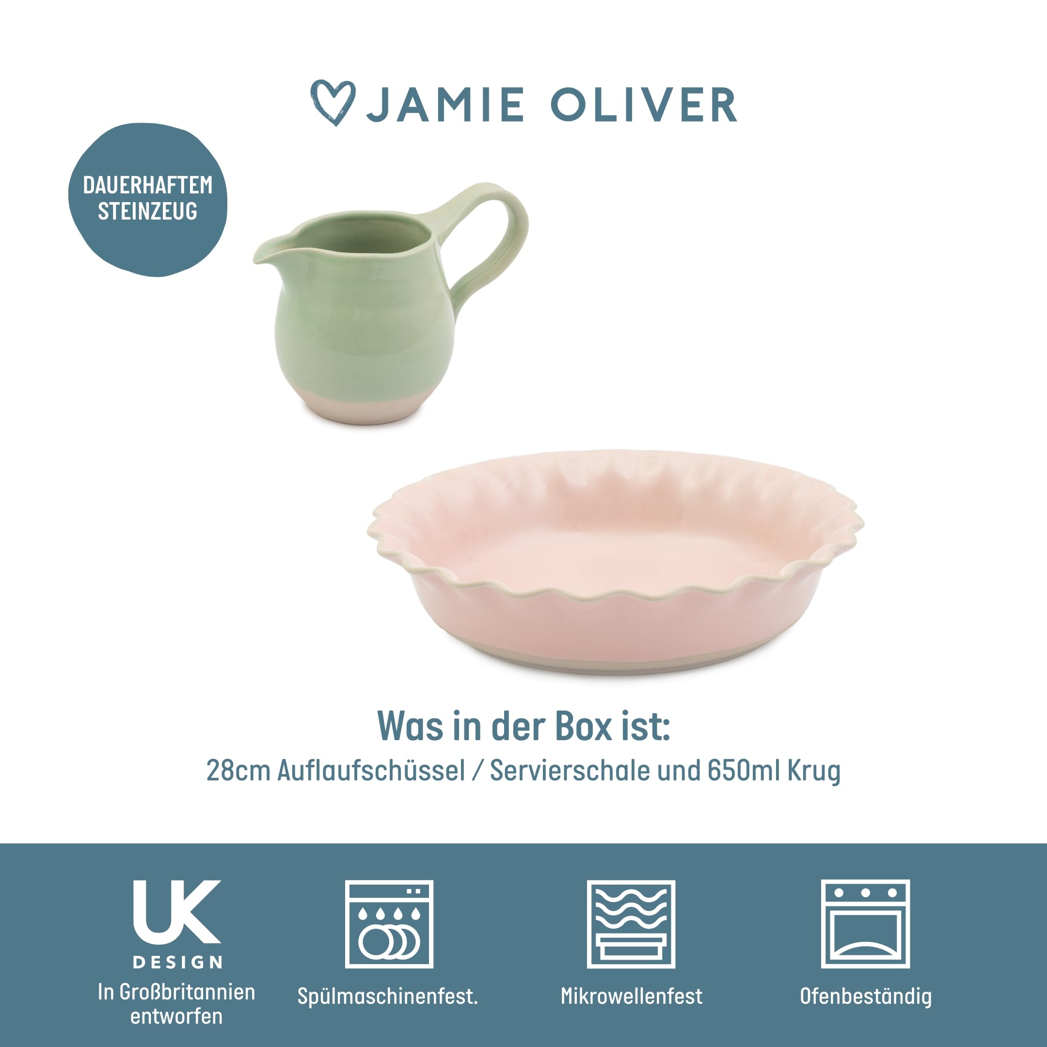 Jamie Oliver Big Love Tarte-Set, rosa runde Tarteform aus Steingut, gewellter Rand, 28 x 28 cm, grüner Krug mit glänzender Glasur, 650 ml, 19 x 11 cm, mikrowellen-, ofen- und spülmaschinenfest