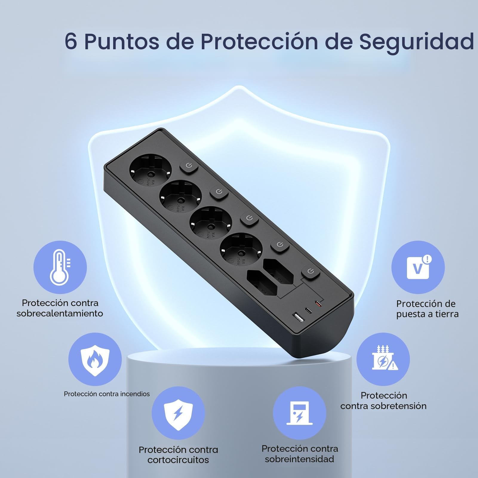 Regleta Escritorio con USB C (PD 30W), Interruptores Individuales Toma de Corriente de Escritorio, Regletas Enchufes Proteccion Sobretension, Cable de 2 Metros para Oficina en Casa,Cable 2M,Negro