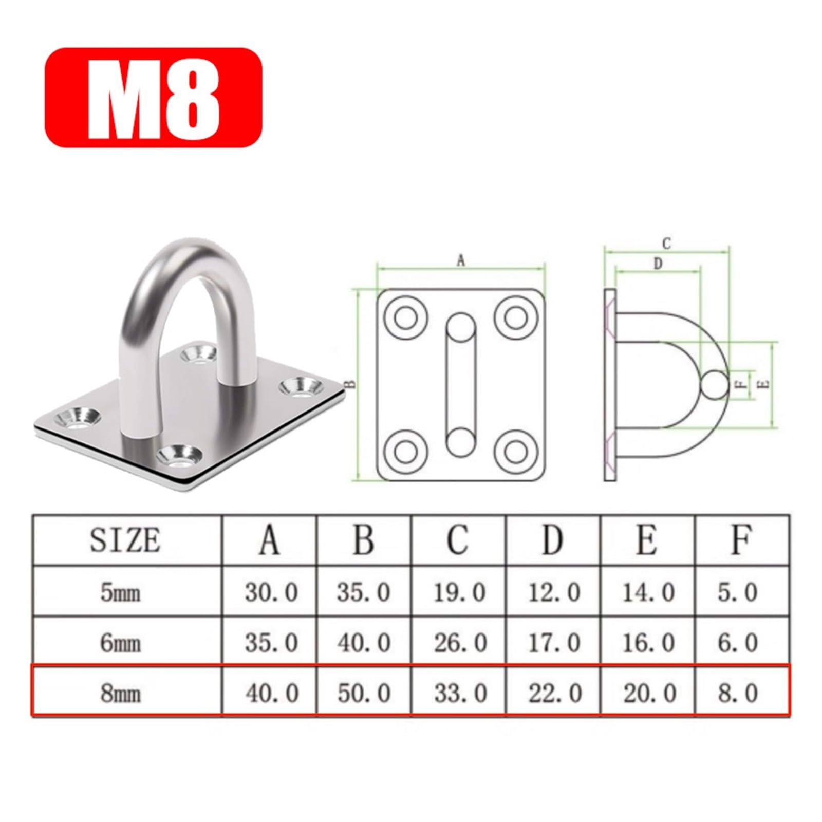 Eye Pate 16 Stück quadratische Pad-Ösenplatten-Haken, Edelstahl, Deckenaufhängung, Wandmontage, Pflanzenhängematte, Aufhänger, Marine-Hardware, Heftklammern mit Schrauben (M8)