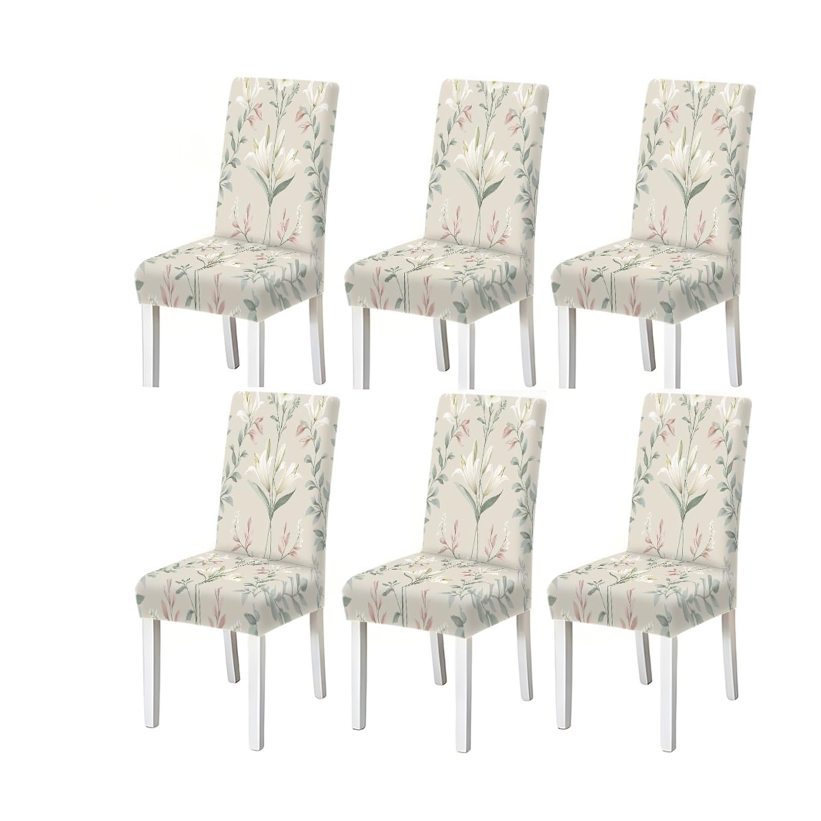KXUAUV Vintage Beige White Lily Floral Print Dining Chair Covers, Stretch Slipcovers For Home Kitchen Dining Room Party, 2/4/6PCS Seat Protectors for Restaurant Hotel Party(6PCSChair cover)