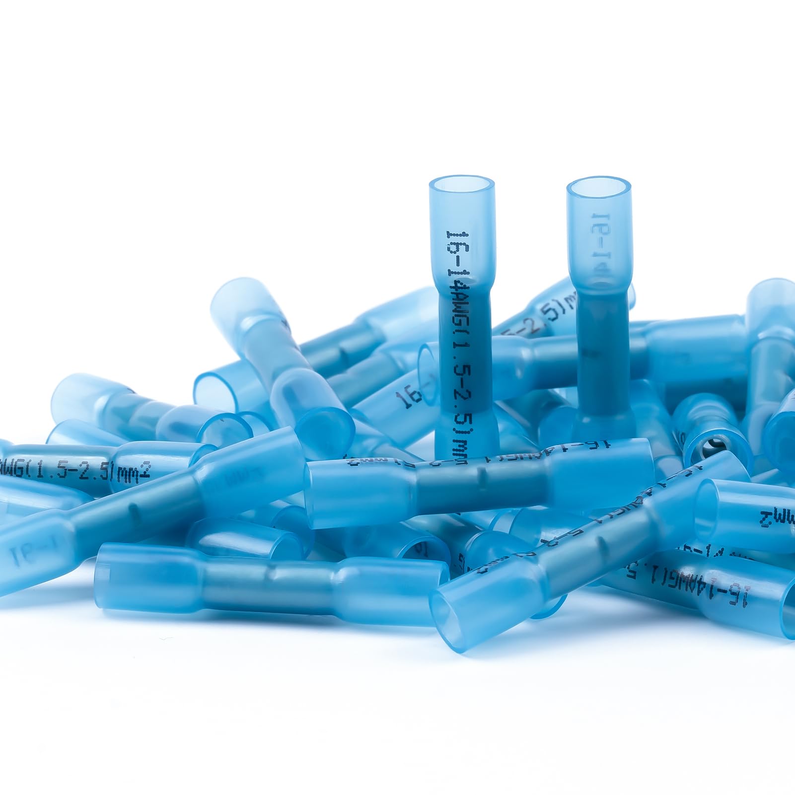 AIRIC Heat Shrink Butt Connectors 16-14 AWG, 100 Pcs Waterproof Electrical Crimp Splice Terminal for Auto Repair, Insulated Marine Grade Connector for 16,14 Gauge Wire, Wiring Crimps Terminals, Blue