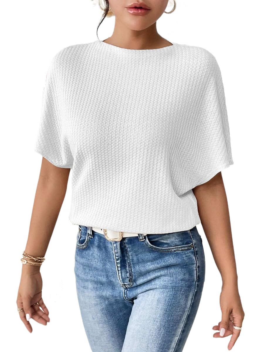 Women Fashion Fall Batwing Half Sleeve Shirts Boat Neck Oversized Tunic Tops Casual Waffle Knit Shirts Tops for Women