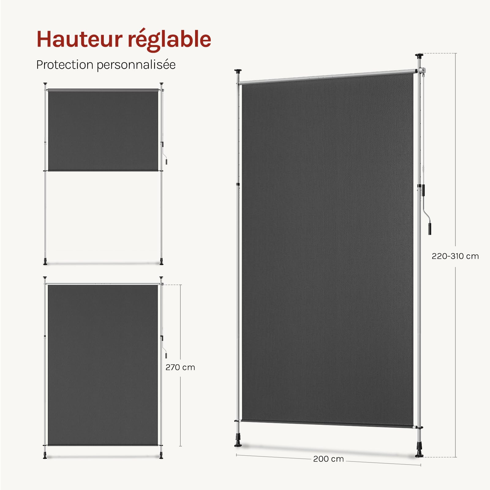 WOLTU Store Vertical Rétractable avec Manivelle, 200x310 cm, Brise-Vue Vertical Balcon, en Tissu Opaque, Protection Solaire, Résistant aux Intempéries, Montage sans Perçage, en Gris