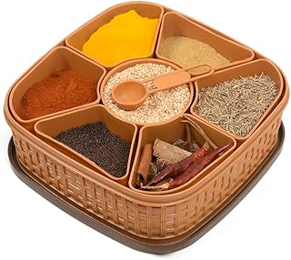 HomeWiz Plastic Square 7 Sections Multipurpose Kitchen Storage Masala Rangoli Dabba Box Set, Spice Box Set - Brown (Masala Box - 7 in 1)