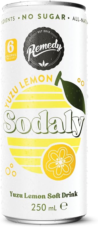 Remedy Sodaly Yuzu Lemon Prebiotic Soda, 12 x 250ml Cans - All-Natural Flavoured Fizzy Drink with Prebiotics for Gut Health - Sugar Free Soft Drink with No Artificial Sweeteners