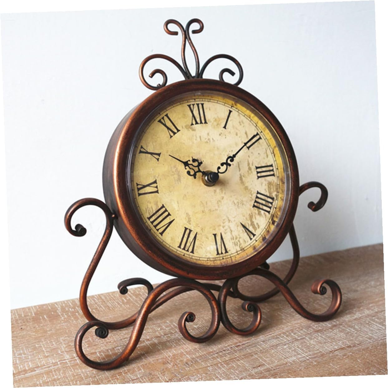 European Style Retro Mantel Clock Non-Ticking Iron Table Clock Brown Decorative for Living Room Bedroom Fireplace Shelf