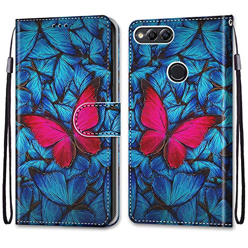 Mo-Somnus Kompatibel mit Huawei Honor 7X Hülle, Leder Handyhülle mit Kartenfach Geld Slot Ständer PU Ledertasche TPU Bumper Wallet Flip Brieftasche Magnetische Schutzhülle Hülle Etui (Schmetterling)