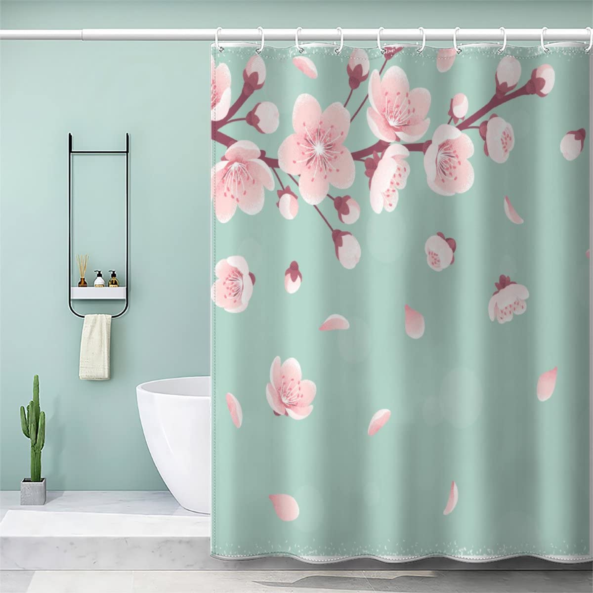 VASENA Cherry Blossoms Petals Shower Curtain Mould Proof Resistant Waterproof Polyester 3D Printed Blue Bath Curtains for Shower with 12 Hooks Art Deco 180x200 cm
