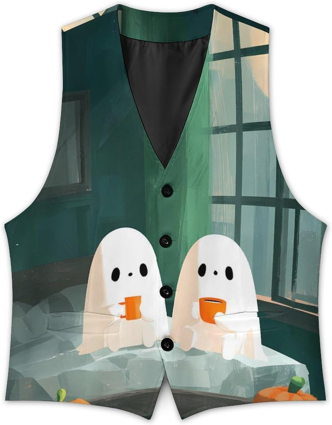 Ghosts Pumpkins Drinking Coffee Mens Suit Vest Formal Dress Business Wedding Groom Tuxedos Waistcoat with Pocket