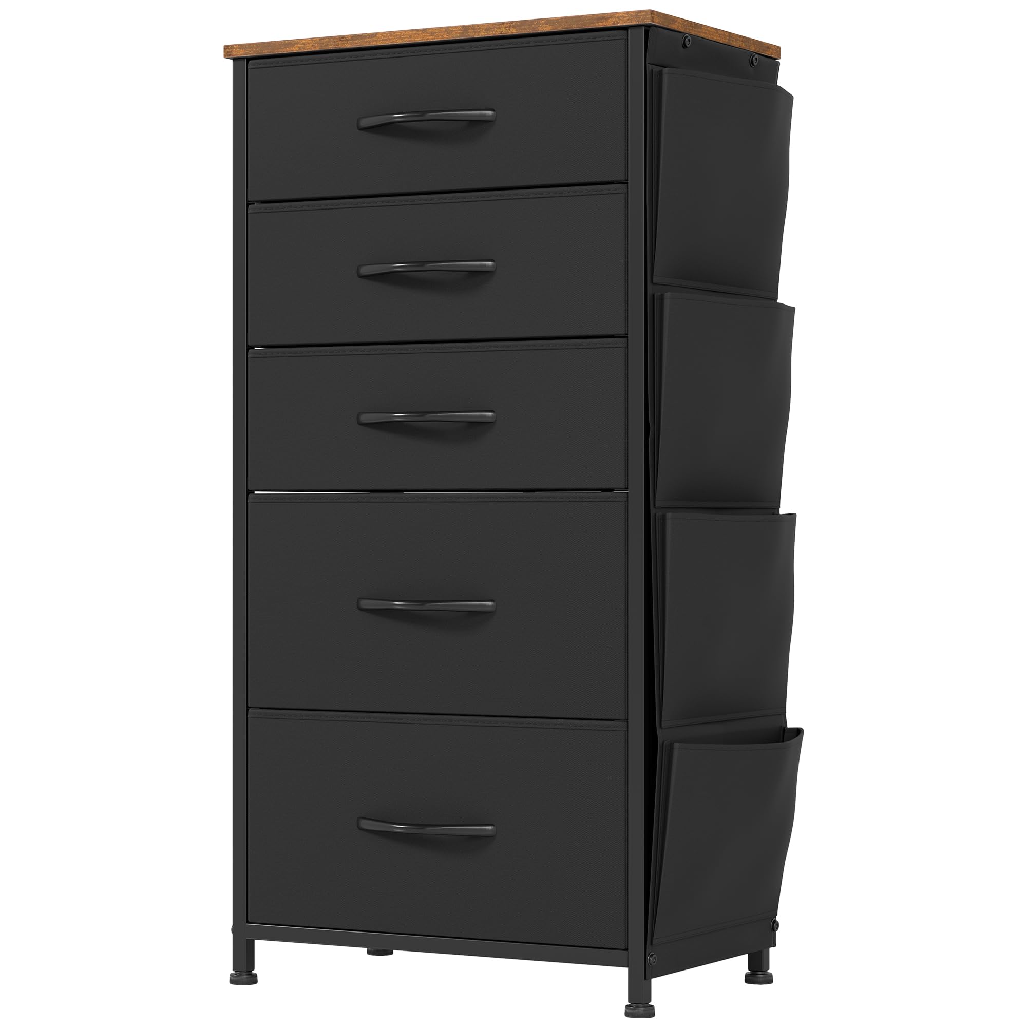 YITAHOME Narrow Chest of Drawers with 5 Drawers, Fabric Drawers with Side Pocket&Hooks,Easy Pull Handle,Sturdy Steel Frame,Storage Drawers for Bedroom, Closet, Clothes,Black