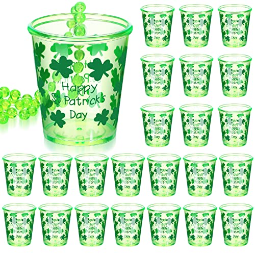 Cunno 24 Pcs St. Patrick's Day Shot Glass on Beaded Necklace Plastic Shot Necklace Cups St. Patrick's Day Shot Glass Necklaces for Irish Birthday Wedding Festival Parade Favor