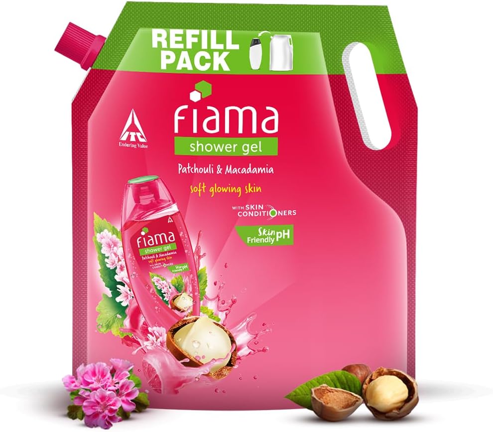 Fiama Body Wash Shower Gel Patchouli & Macadamia, 1.4L Bodywash Refill Value Pouch for Women & Men with Skin Conditioners for Soft, Glowing Skin, Suitable for All Skin Types