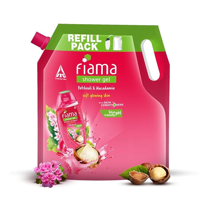 Fiama Body Wash Shower Gel Patchouli & Macadamia, 1.4L Bodywash Refill Value Pouch for Women & Men with Skin Conditioners for Soft, Glowing Skin, Suitable for All Skin Types