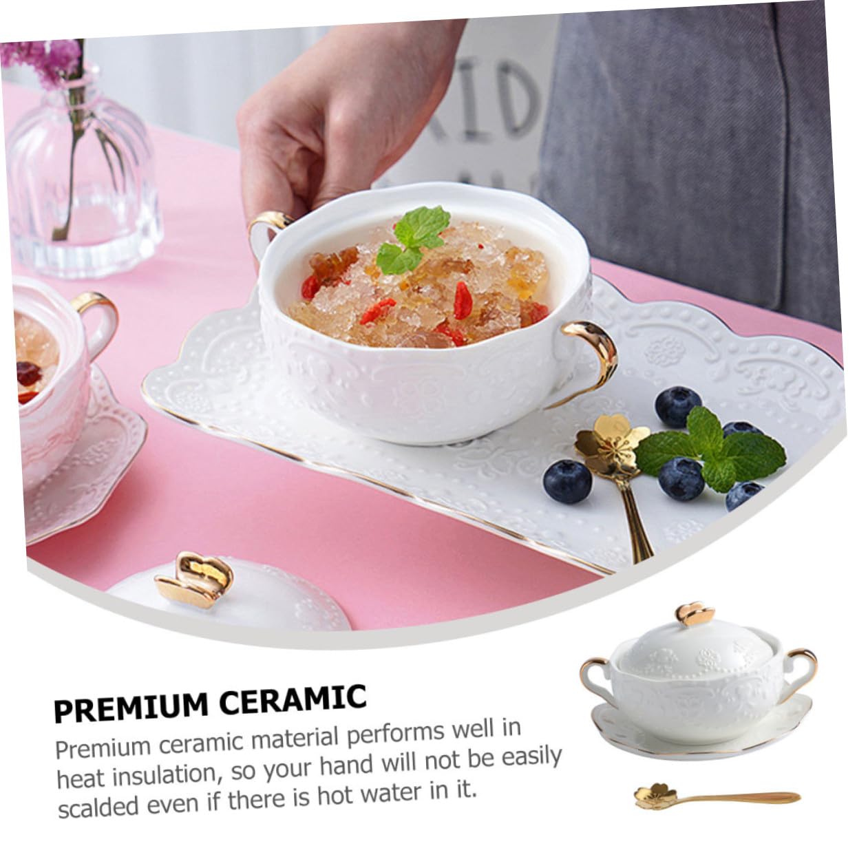 Toyvian Keramik Dessertschale 3 Stück Weiß mit Henkel, Klassisch | Deckel, Löffel und Tablett, für Restaurants und Zuhause, Dekorative Wirkung