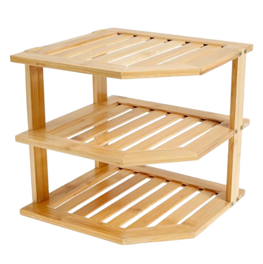 Wilafury 3 Tier Bamboo Corner Shelf, Space Saving Cabinet Organizer for Plates and Bowls, Bamboo Kitchen Shelf for Countertop, Space Saver and Cabinet Storage