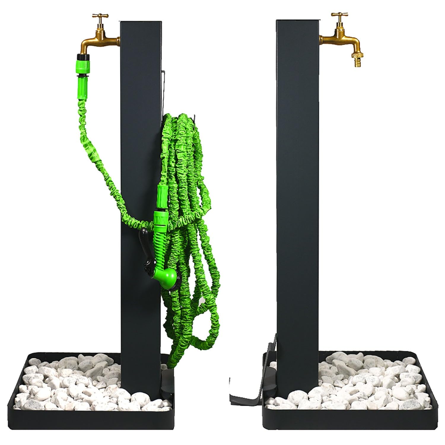 Fontana da Giardino Design a Colonna Quadrata Rubinetto in Ottone Base Ciottoli Antracite