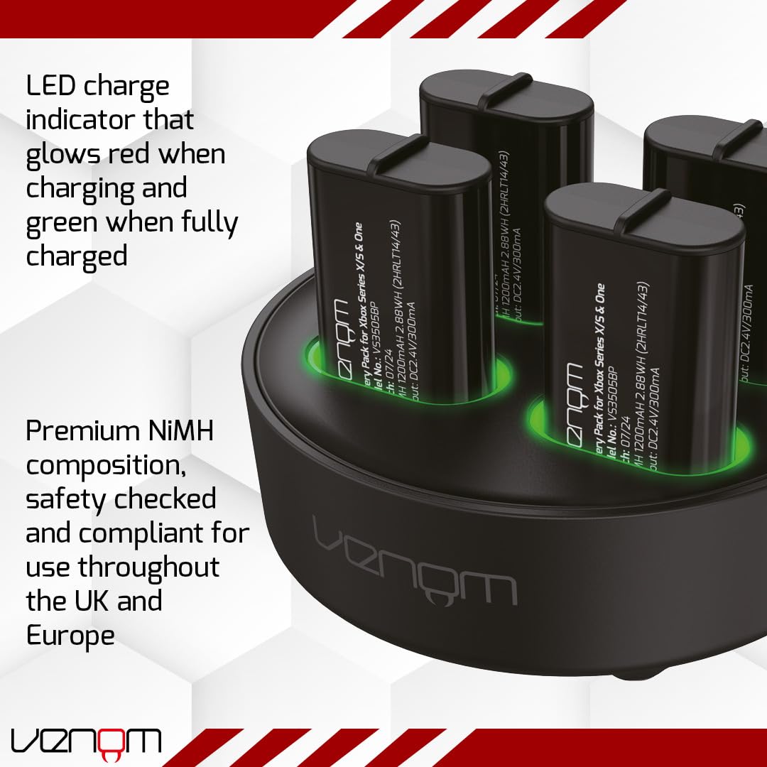 Venom Rechargeable Battery 4-Pack with Charging Dock - 2880mWh / 1200mAh for Xbox Series X & S/Xbox One