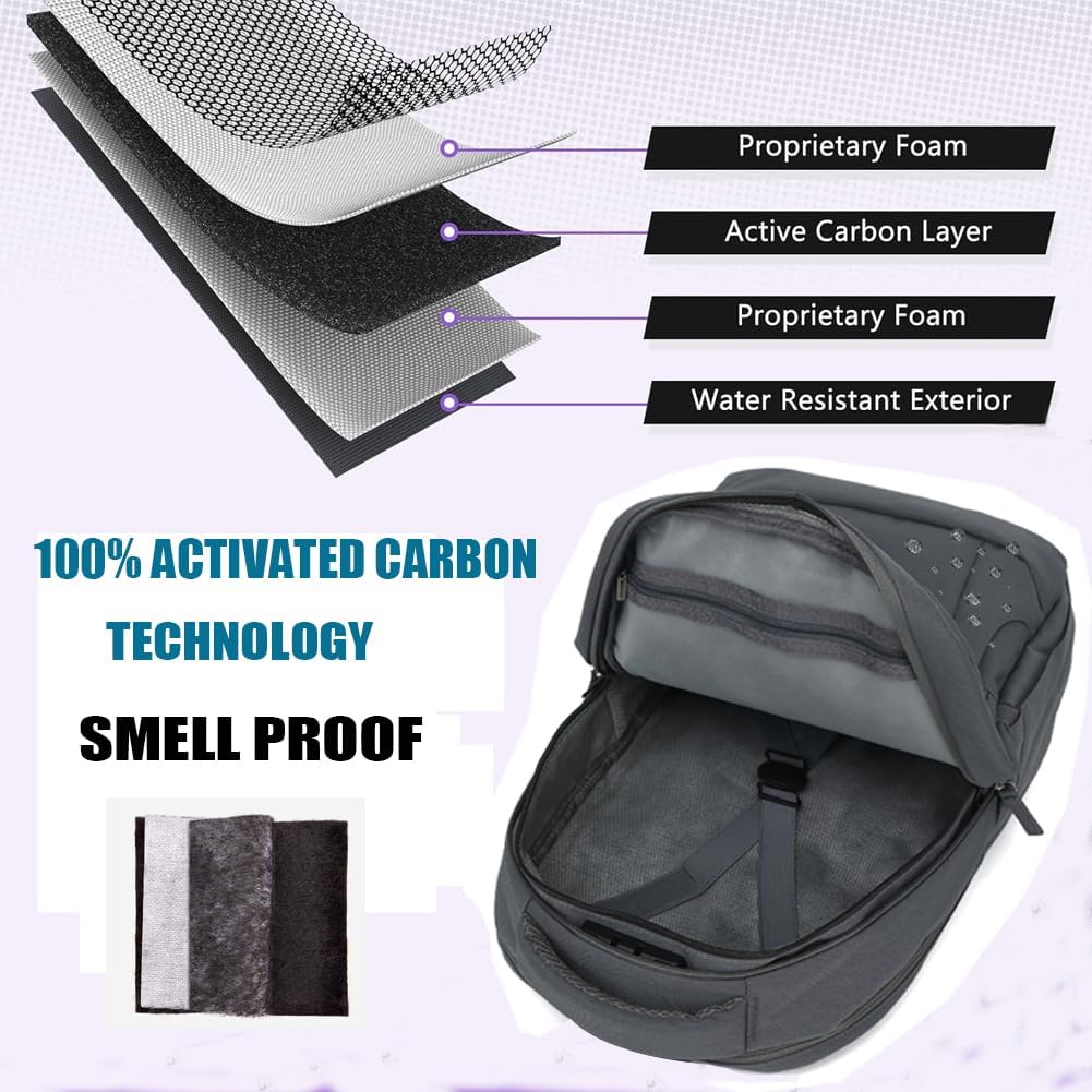 Smell Proof Backpack with Lock,Water Resistant Smell Proof Bags Travel Laptop Backpack,Large Capacity Carbon Enduring Smell Proof Stash Bag with Lock for Men Women(Grey) - Image 3