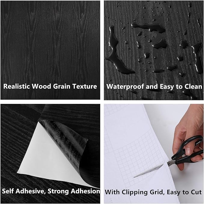 Image of Grasscloth Texture Contact Paper Peel and Stick Wallpaper Removable Friendly Wallpaper for Locker, Cabinets, Countertop, Wall Decor and Renovation (0.6Mx48-Inch, Leather Black Wood)