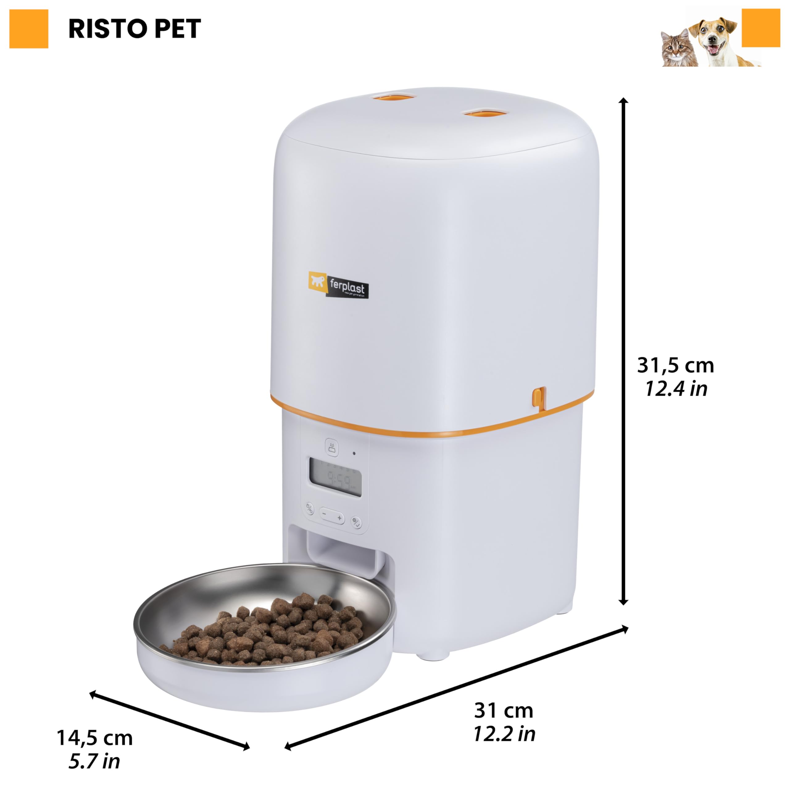 Ferplast Risto Pet Dispensador Automático de Comida para Perros y Gatos, Programable, 4 L de Capacidad, Doble Potencia, 6 Comidas al Día, Pantalla Retroiluminada, Comedero de Acero Inoxidable