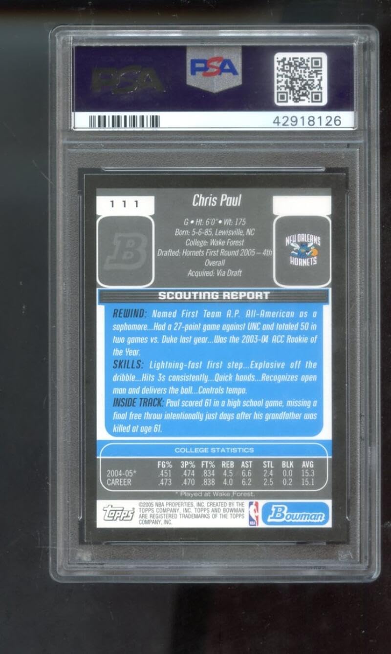 2005-06 Bowman Draft Picks And Prospects #111 Chris Paul ROOKIE RC PSA 7 Graded Basketball Card NBA 05-06 New Orleans Hornets 2005-2006 DP Pros.
