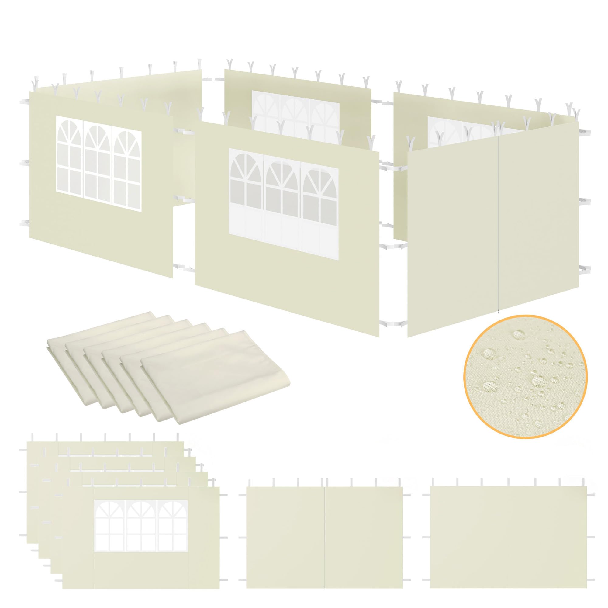 Zelsius Pareti laterali per gazebo, 3 x 6 m, 6 pezzi, colore beige, set da 4 pezzi per gazebo da 3 x 3 m, UV30, tenda da giardino con finestra, tenda pieghevole da parete con chiusura in