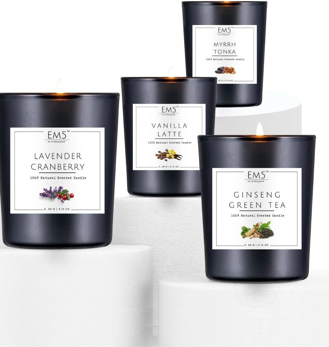 EM5™ Lavender Cranberry, Vanilla Latte, Myrrh Tonka, Ginseng Green Tea, Set of 4 Smoke Free Scented Candles for Home Décor, Aromatherapy Candles, Non- Toxic Aroma Candles, 60 gm Each