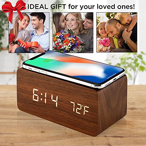 Oct17 Wooden Alarm Clock With Qi Wireless Charging Pad Compatible With Iphone Samsung Wood Led Digital Clock Sound Control Function, Time Date, Temperature Display For Bedroom Office Home- Brown #TOP5