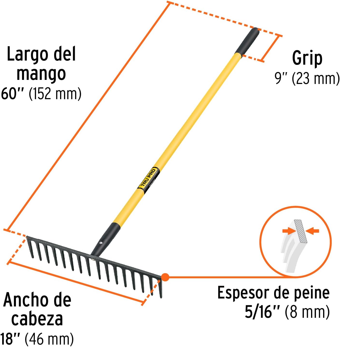 TRUPER R-16MF Heavy Duty Fiberglass Handle Road Rake, 16 Tines 18" (46cm)