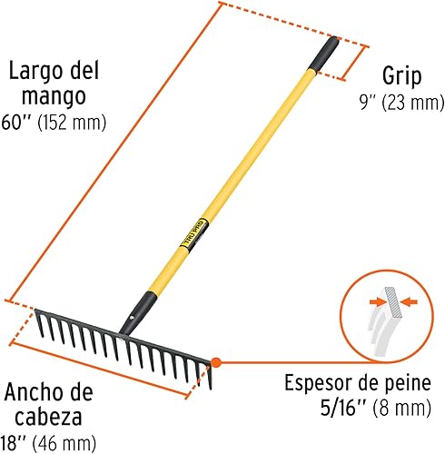 Miniatura 3 de TRUPER R-16MF Rastrillo de carretera con mango de fibra de vidrio resistente, 16 púas de 18 pulgadas (18.1 in)