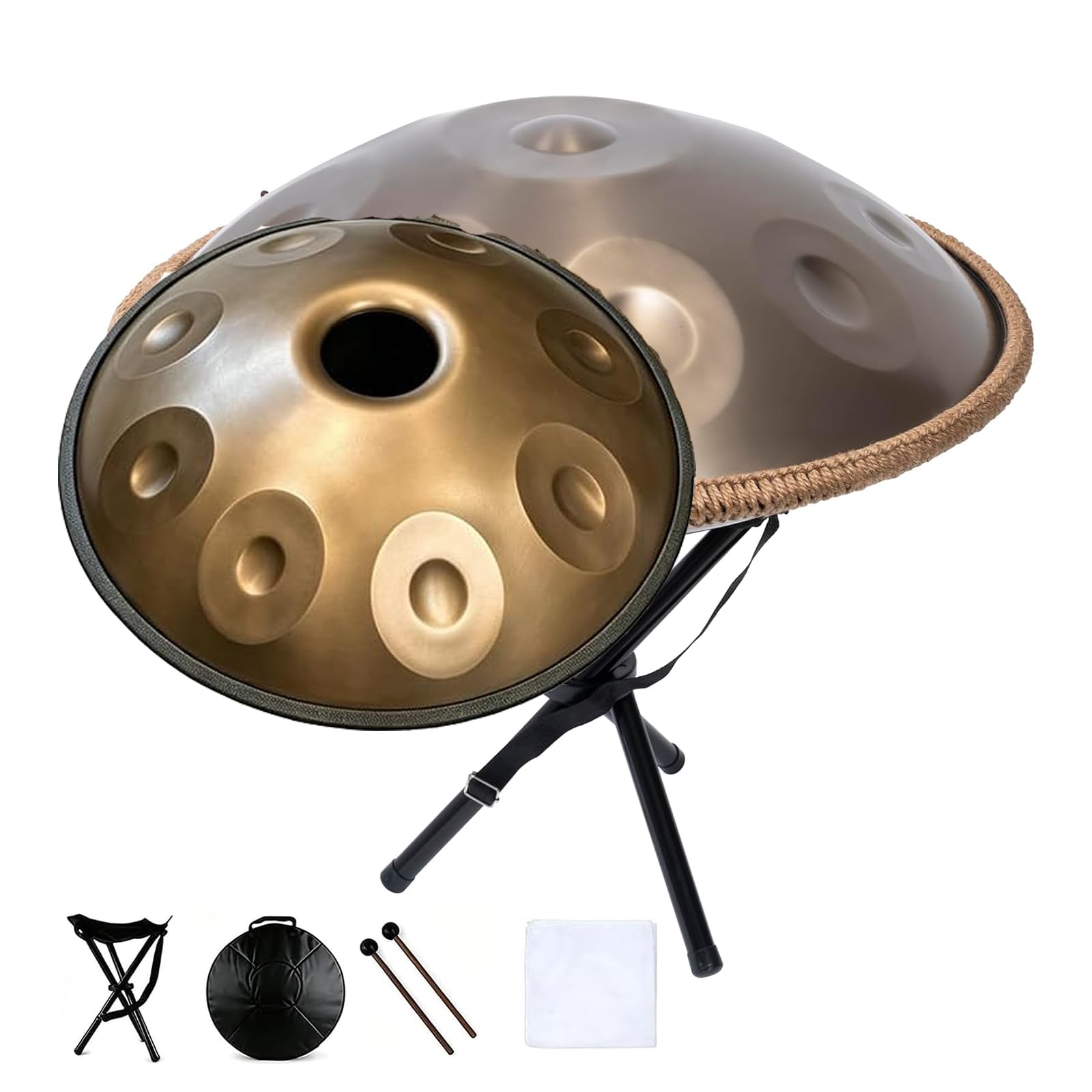 Handpan En Re Menor, Tambor Handpan, 440 Hz, 17 Notas, Tambor De Acero De 22 Pulgadas, con Bolsa De Transporte, Soporte, 2 Baquetas, Paño De Limpieza, para Sanación con Sonido (Dorado).