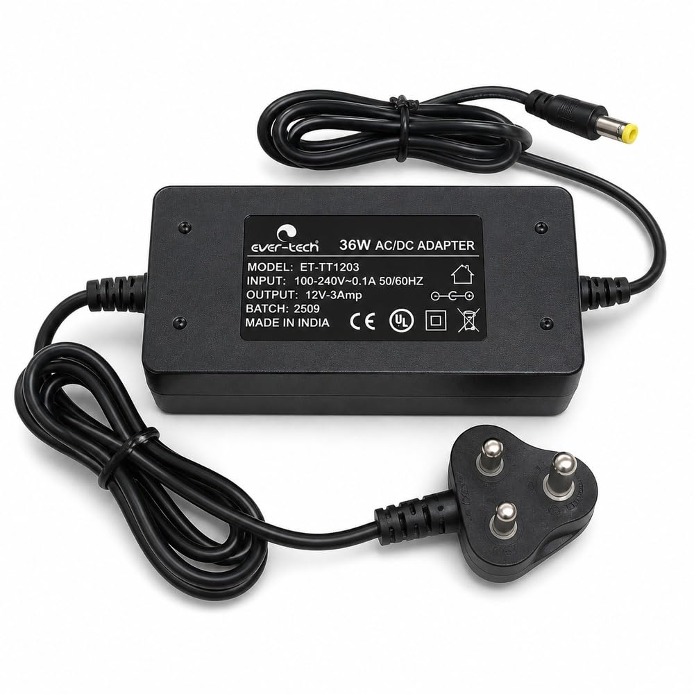 evertech et-tt1203 12v 3a 36w tabletop ac/dc power adapter for dvr, nvr, cctv cameras, wi-fi routers & network switches, 5.5 x 2.5 mm dc pin, black