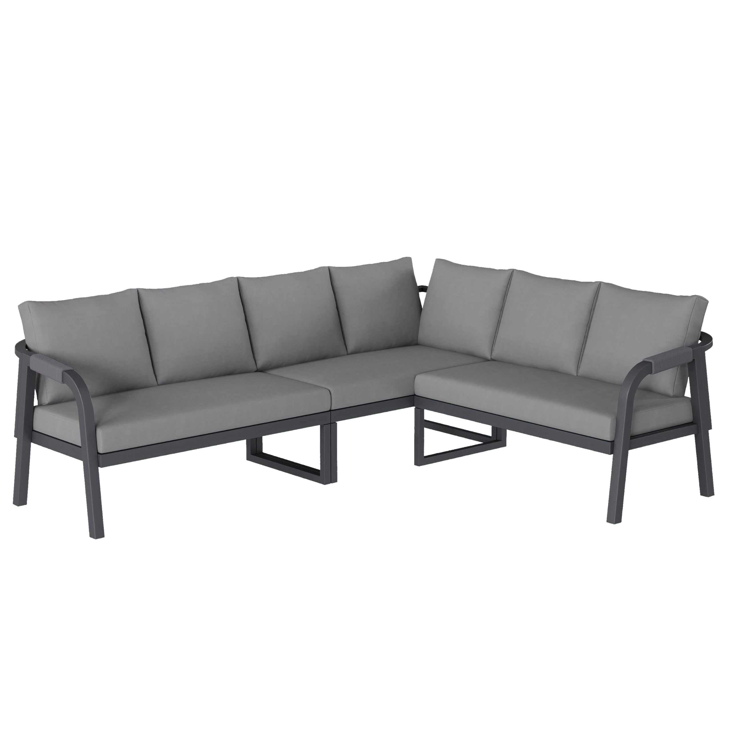 Juego de muebles de jardín, posición esquinera, ofrece espacio para hasta 6 personas, brazos y respaldos trenzados, tubos de acero galvanizado, incluye sofá de esquina y mesa de café (gris)