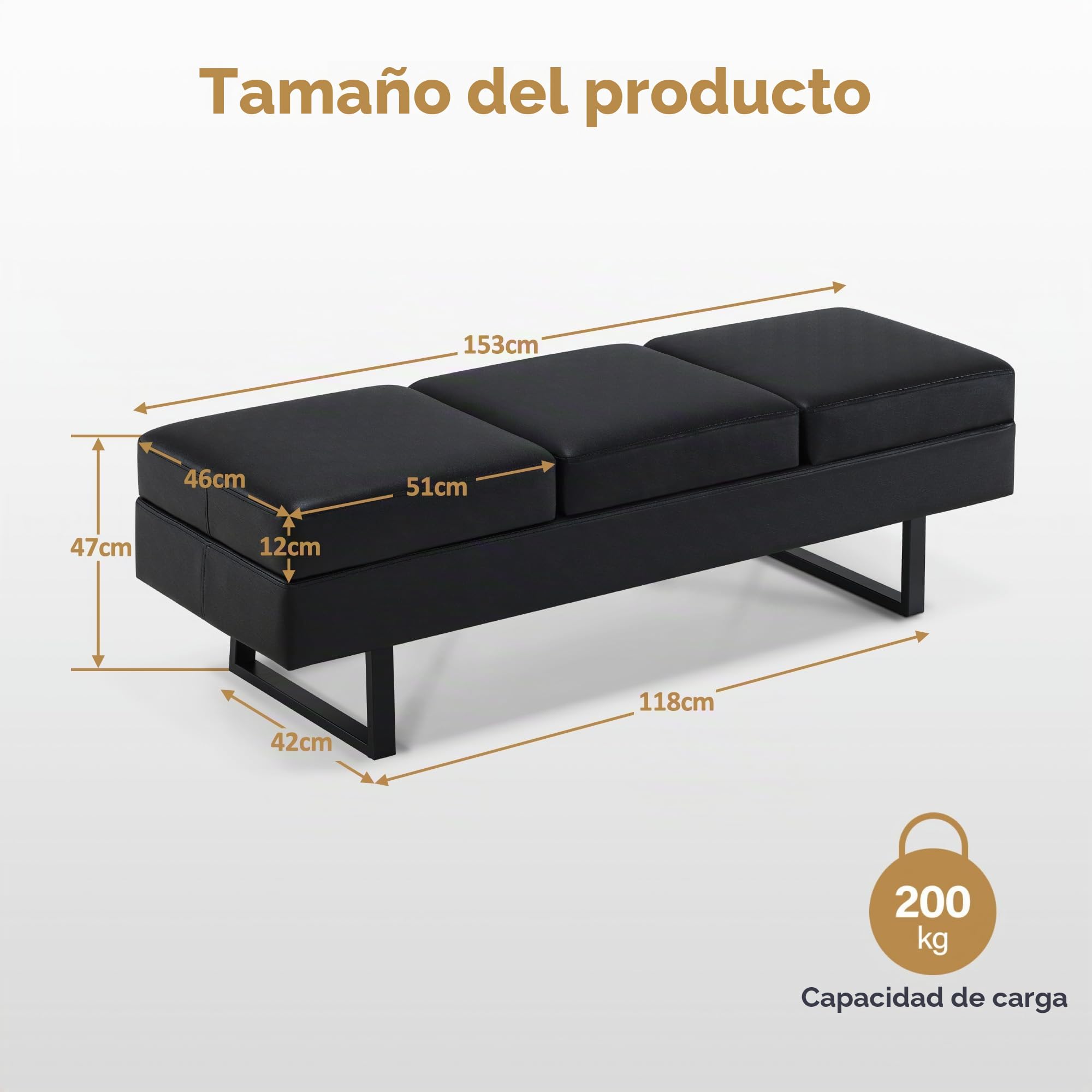 BarberPub 3 plazas para salón de SPA, Ancho 153 cm, Banco de Espera para peluquería, Acolchado para Dormitorio, de Cama para salón, mobiliario de peluquería W513 (Negro/Cuero sintético)