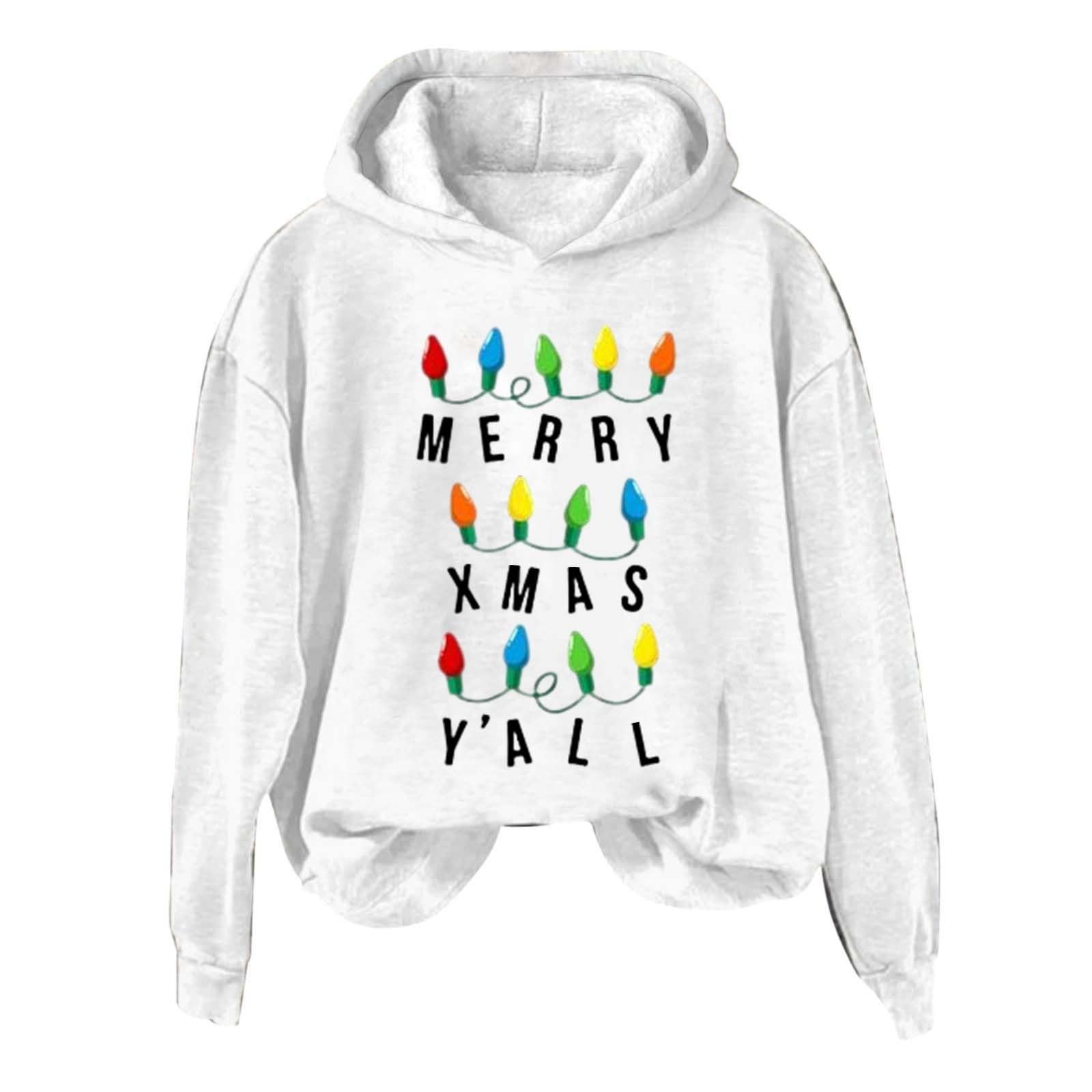 OverDose BoutiqueLadies Crew Neck Long Sleeve Christmas Print Hooded Sweatshirt Fashion Loose Top Athletic Jacket Full Zip