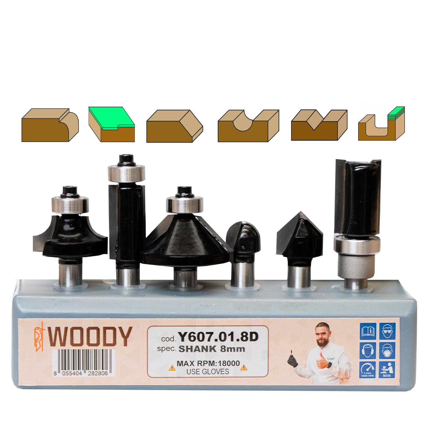 WOODY by Fraiser - Set di 6 frese per legno con gambo da 8 mm per rifilare, scanalare, smussare e raggiare - per fresatrice verticale e rifilatore