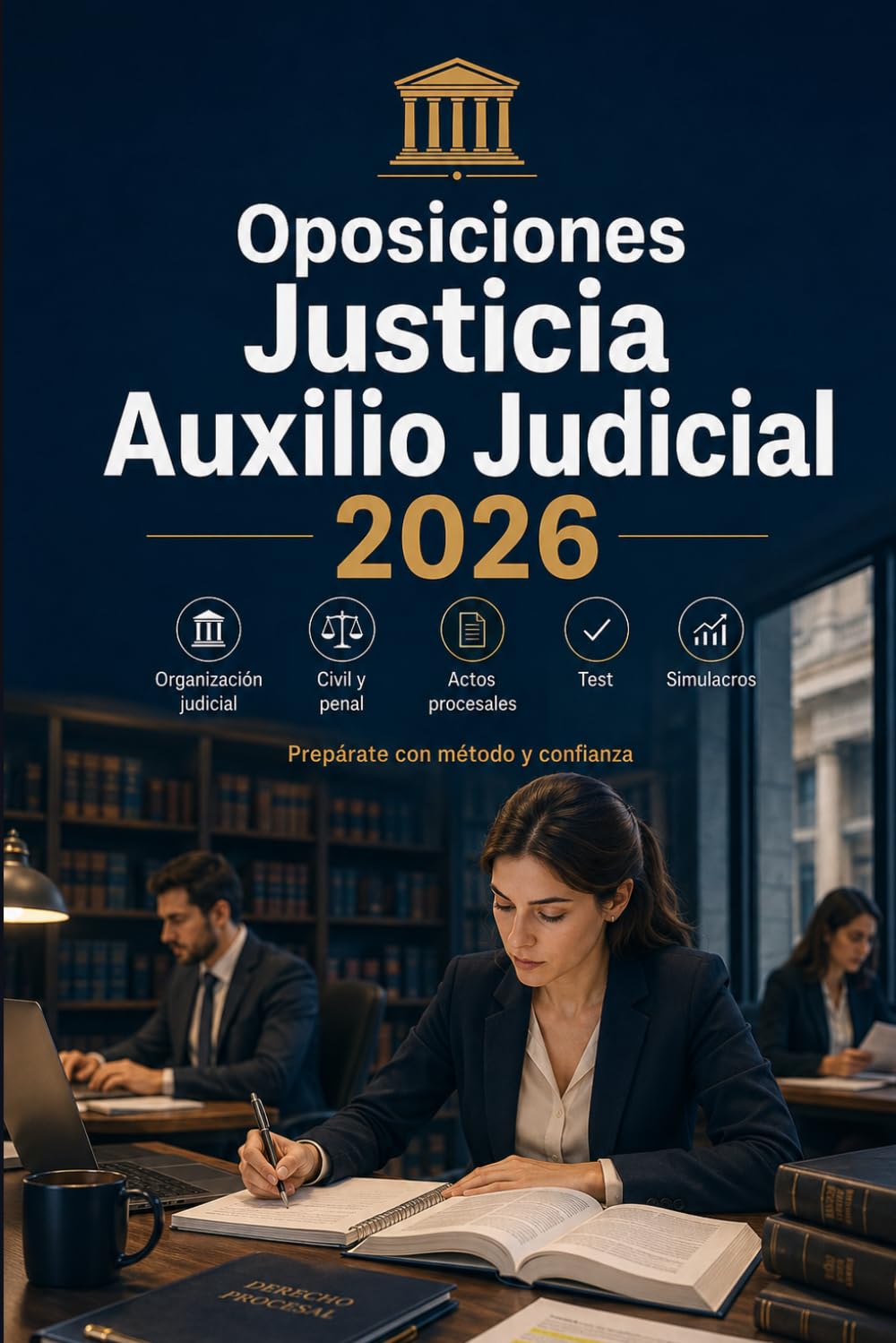 Oposiciones Justicia Auxilio Judicial 2026: Organización judicial, procedimiento civil y penal, actos procesales, test, casos prácticos y simulacros corregidos