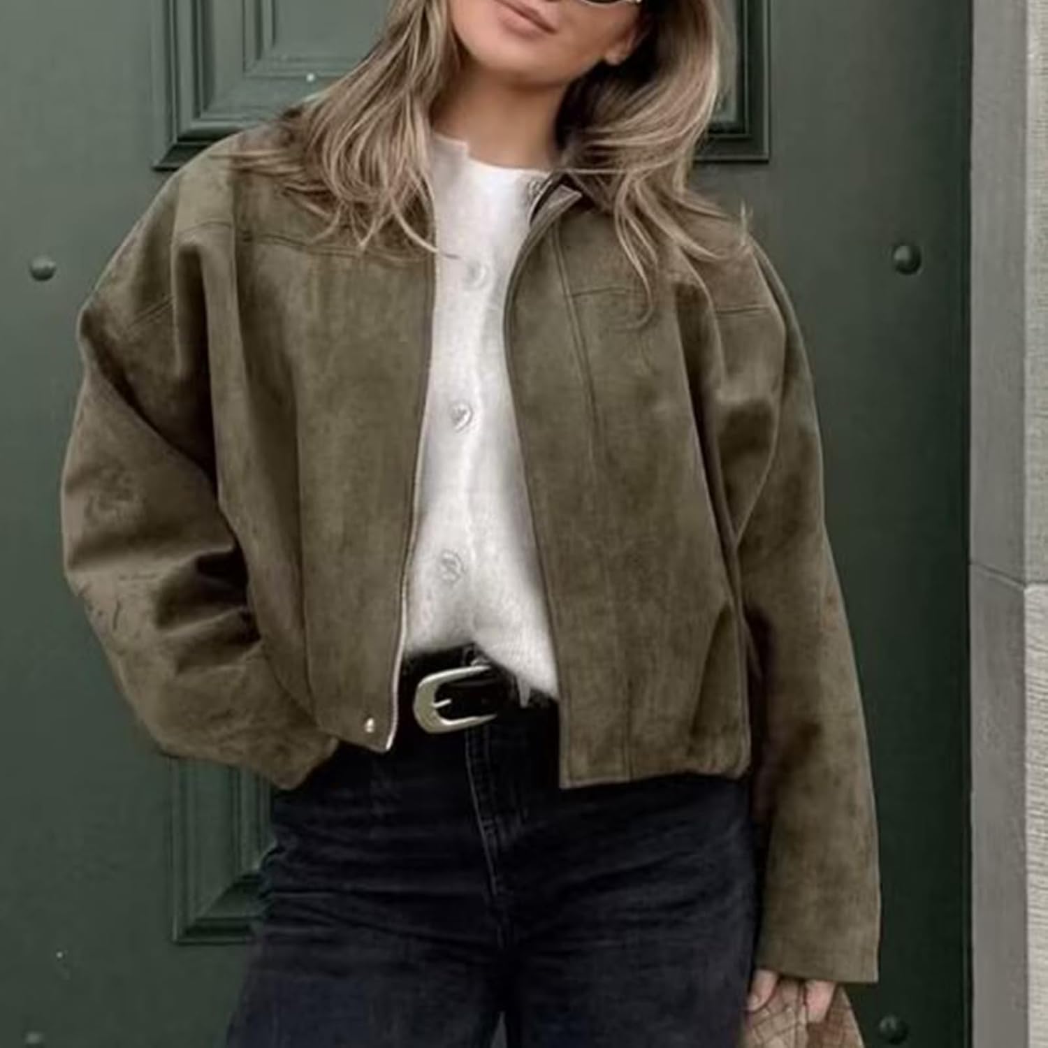 HOTIAN Women's Faux Suede Bomber Jacket Zipper Pilot Coat Casual Lapel Oversized Long Sleeves Y2K Outerwear Coats - Image 4