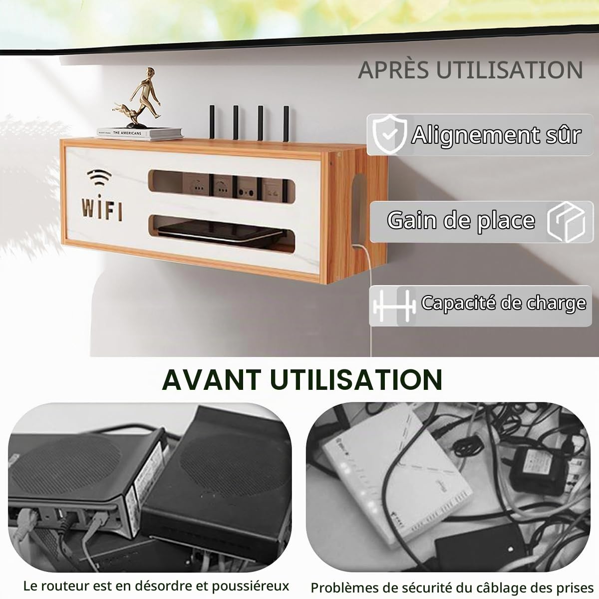 Cache Box, Etagere Rangement Murale, Etagere Murale Ranger la Box et Le Routeur TV, Etagere pour Decodeur Cache par Faitement Le Boitier TV, Modem, Router et Cables(Brown)