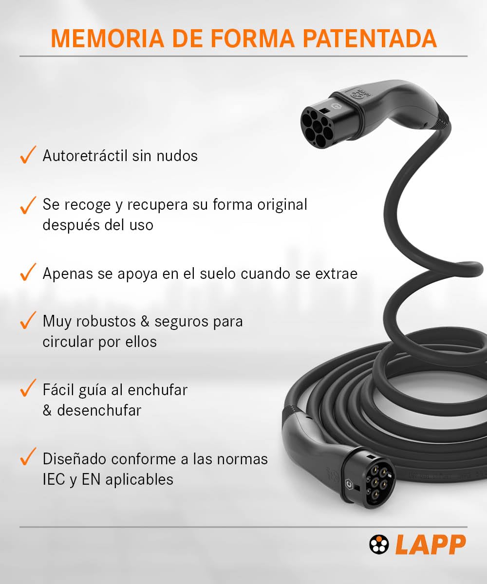 Lapp Mobility Helix EV Cable de Carga Tipo 2, 11 kW/Autorretráctil / 20 A/Trifásico/Cable de Carga para Coches eléctricos/Modo 3 / 5m