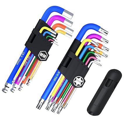 Fineonly 18 PCS Allen Key Set Hex Key Allen Wrench Set Star Key Set Metric Extra Long Ball End Hex Key Set 1.5mm-10mm T10-T50 1/16-3/8 Industrial Grade Allen Wrench Set for Home Maintenance