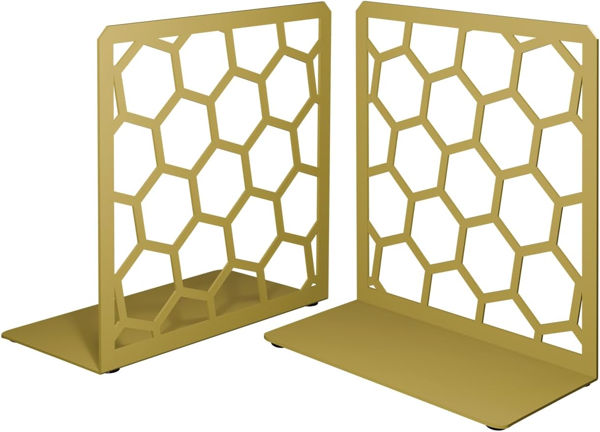 GEOMOD Geometric Honeycomb Gold Metal Bookends Decorative - Tall Sturdy Book Ends for Shelves - Modern Heavy Duty Bookend Stopper - Office or Home Book Shelf Book Holder - 6x3.25x6.25 Inches - 1 Pair