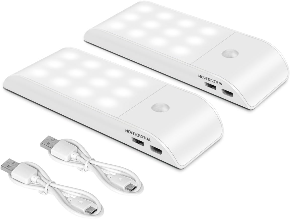 Cupboard Light, [2PCS Pure White] Wardrobe Light, Upgraded USB Rechargeable 10 LED Cupboard Light, 3 Modes PIR Floodlight with Stick-on Magnetic Strip and 3M Adhesive for Cabinet Closet [Energy Class A++]