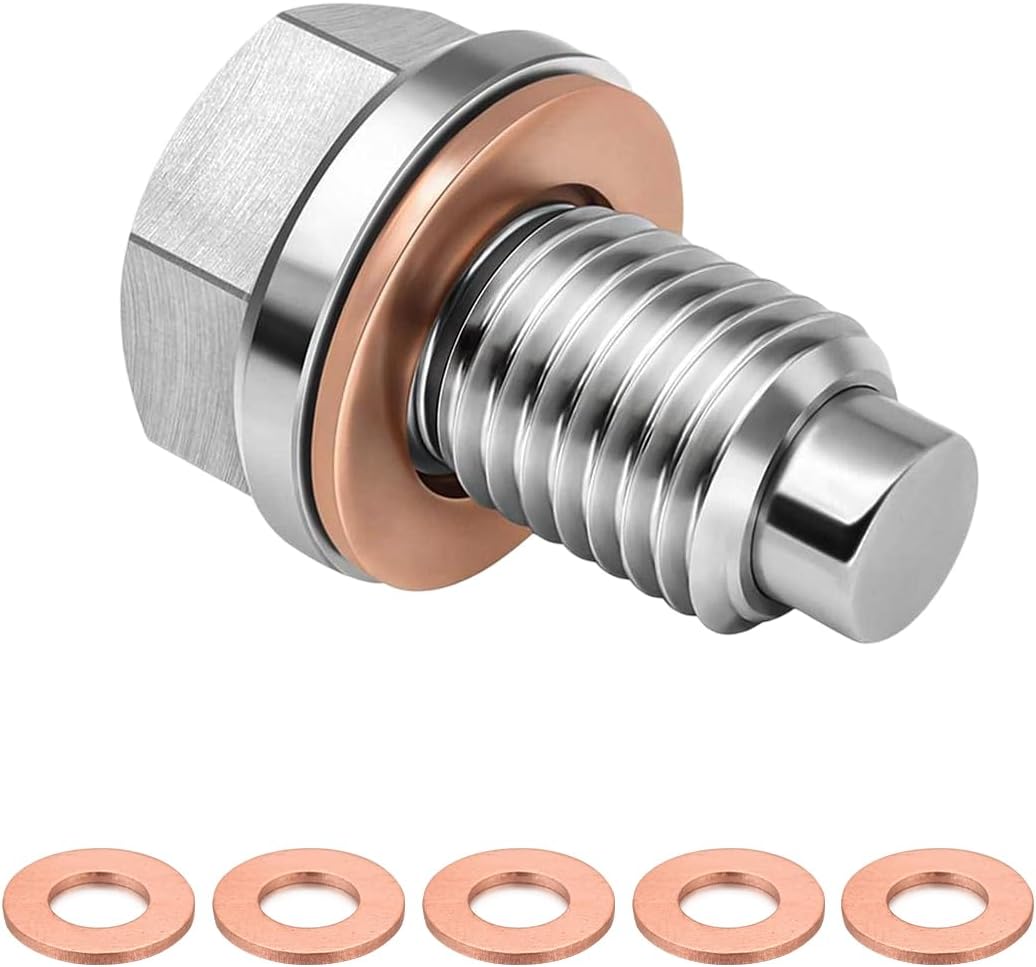 M18×1.5 Magnetic Oil Drain Plug, Aluminum Sump Drain Nut Bolt with 5 Copper Crush Washer, Leak-Proof Engine Magnetic Oil Drain Plug for Most Vehicles, Car Accessories