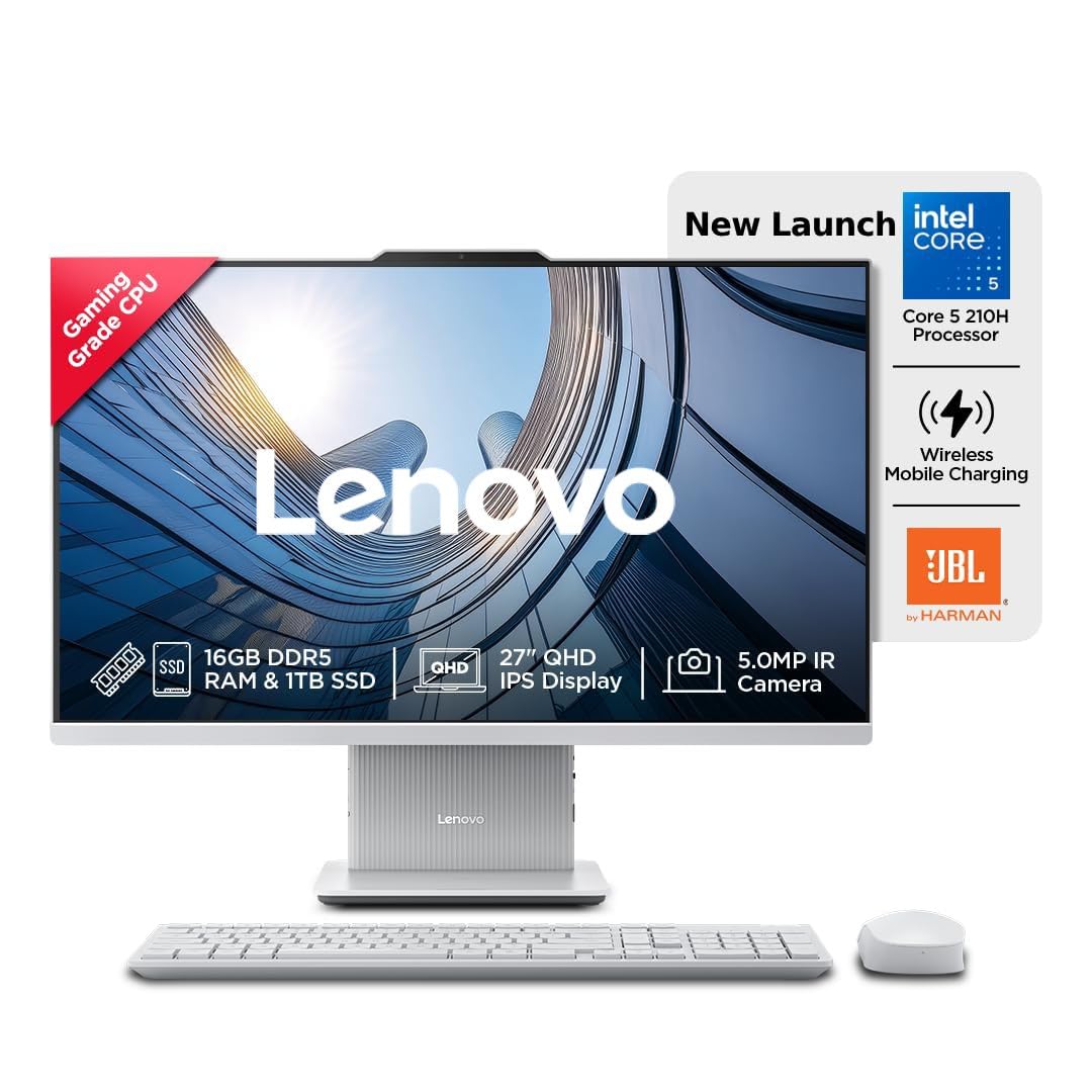Lenovo IdeaCentre AIO Intel Core 5 210H 27" QHD (16GB RAM/1TB SSD/Win11/Microsoft 365 Basic + Office Home 2024/3Wx2 Harman Speakers/Wireless EOS Keyboard & Mouse, Grey), F0HM00PYIN All-in-One Desktop